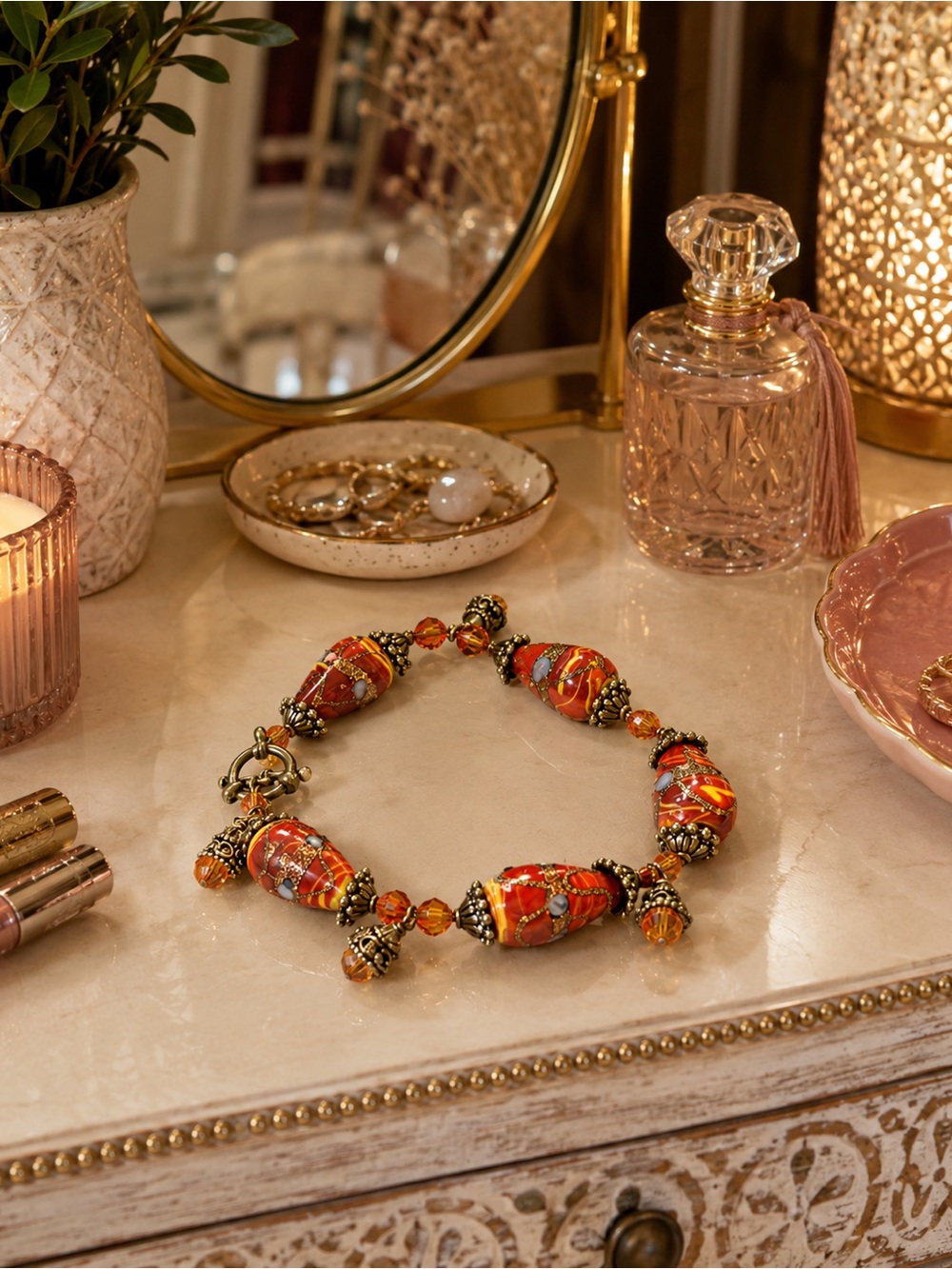 Artisan Red Orange Art Glass Gold Fluss Bead Bracelet 7.5” Silver Tone Toggle